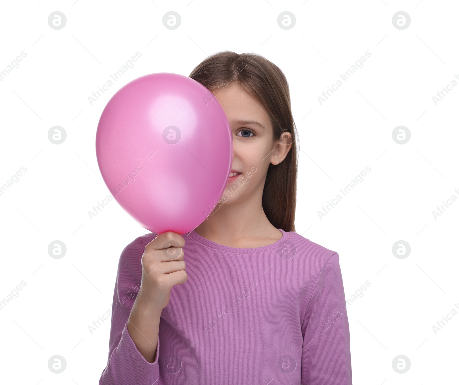 Photo of Happy girl with pink balloon on white background