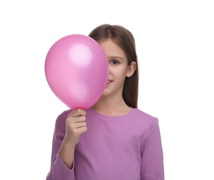 Photo of Happy girl with pink balloon on white background