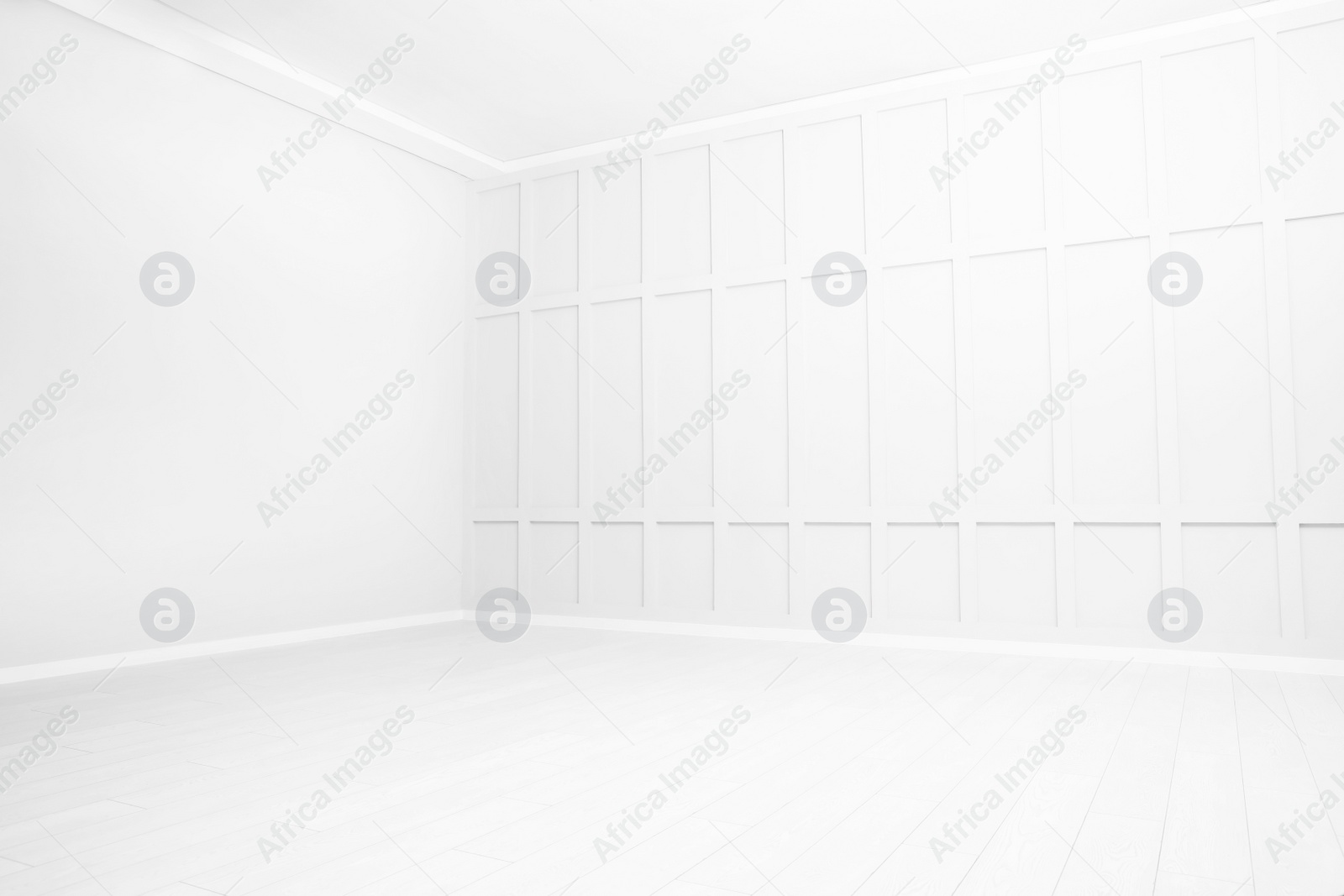 Image of Empty spacious room with white wooden floor and walls