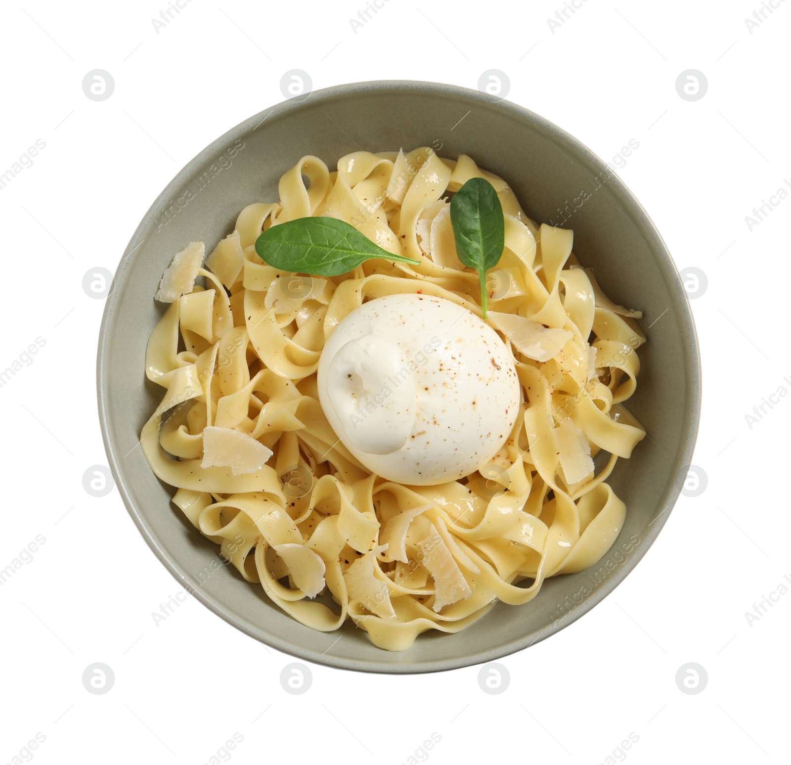 Photo of Delicious pasta with burrata cheese and basil isolated on white, top view