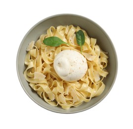 Photo of Delicious pasta with burrata cheese and basil isolated on white, top view