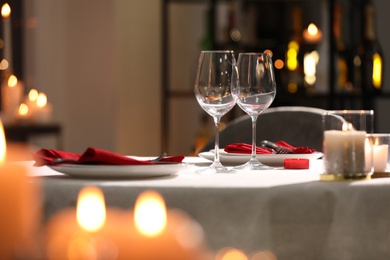 Table setting for romantic dinner in restaurant