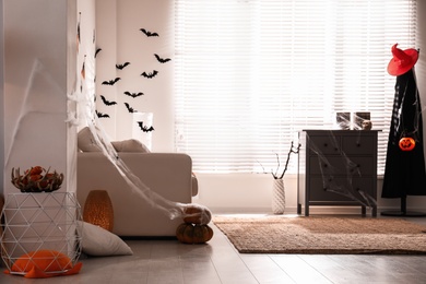 Modern room decorated for Halloween. Festive interior