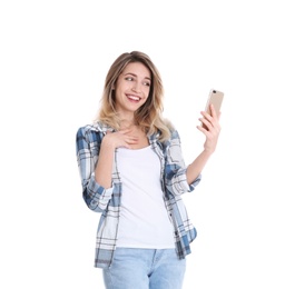 Photo of Woman using mobile phone for video chat isolated on white