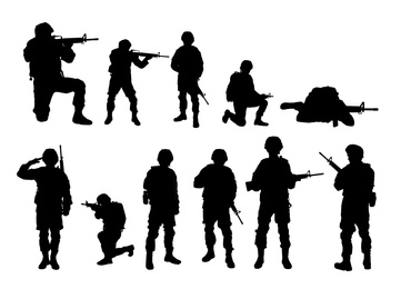 Collage with silhouettes of soldiers on white background. Military service