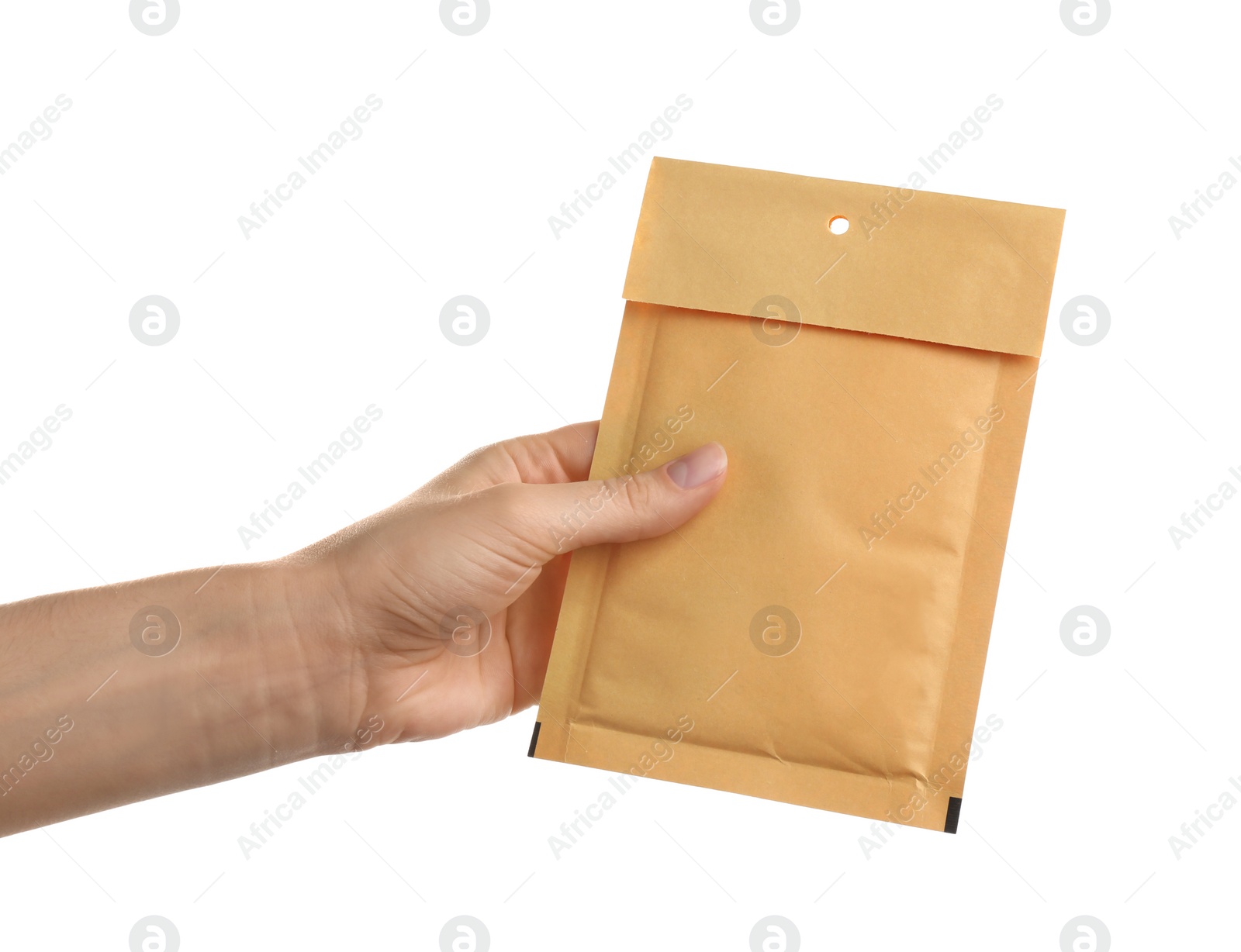 Photo of Woman holding kraft paper envelope on white background, closeup