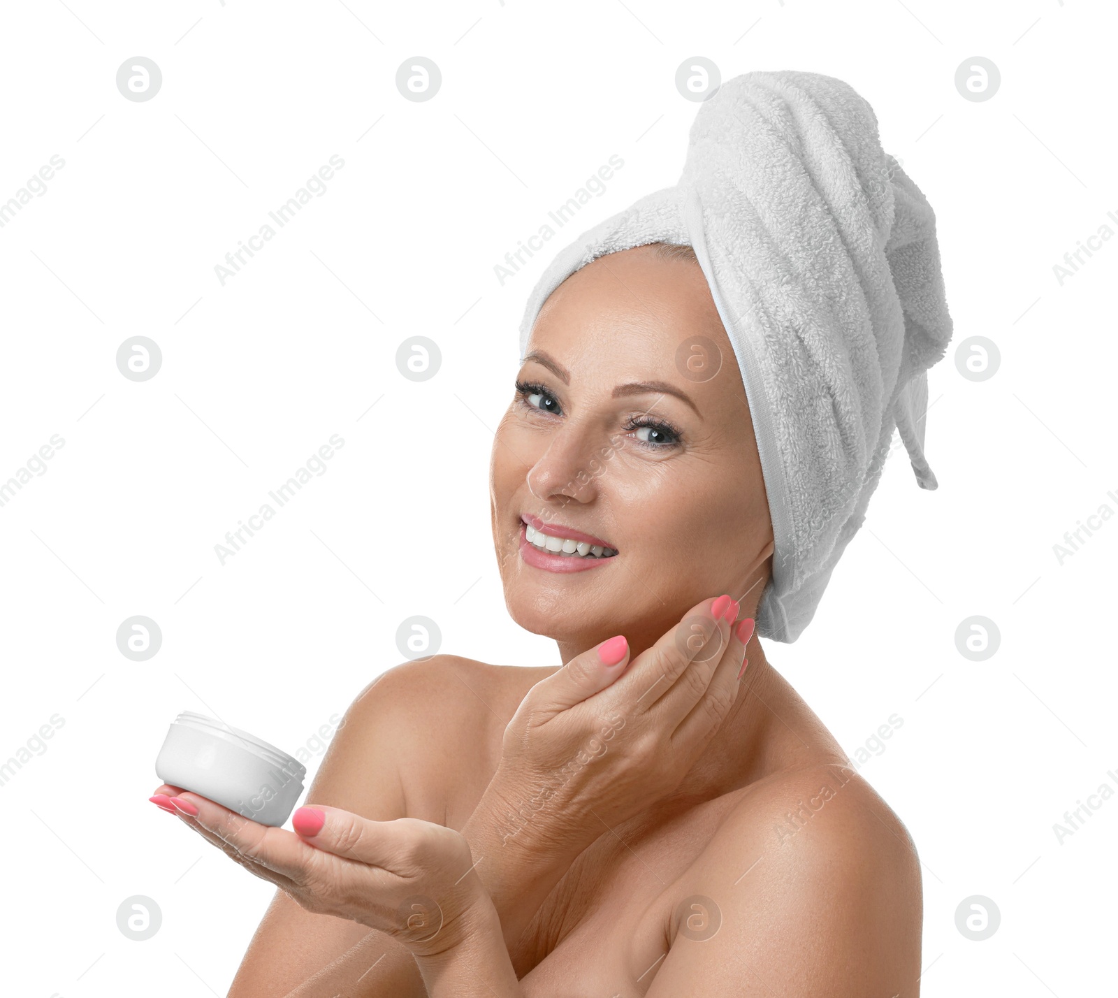 Photo of Portrait of beautiful mature woman with perfect skin holding jar of cream on white background