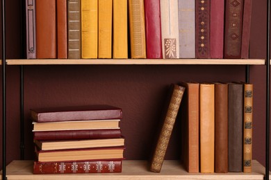 Shelves with different books on brown wall