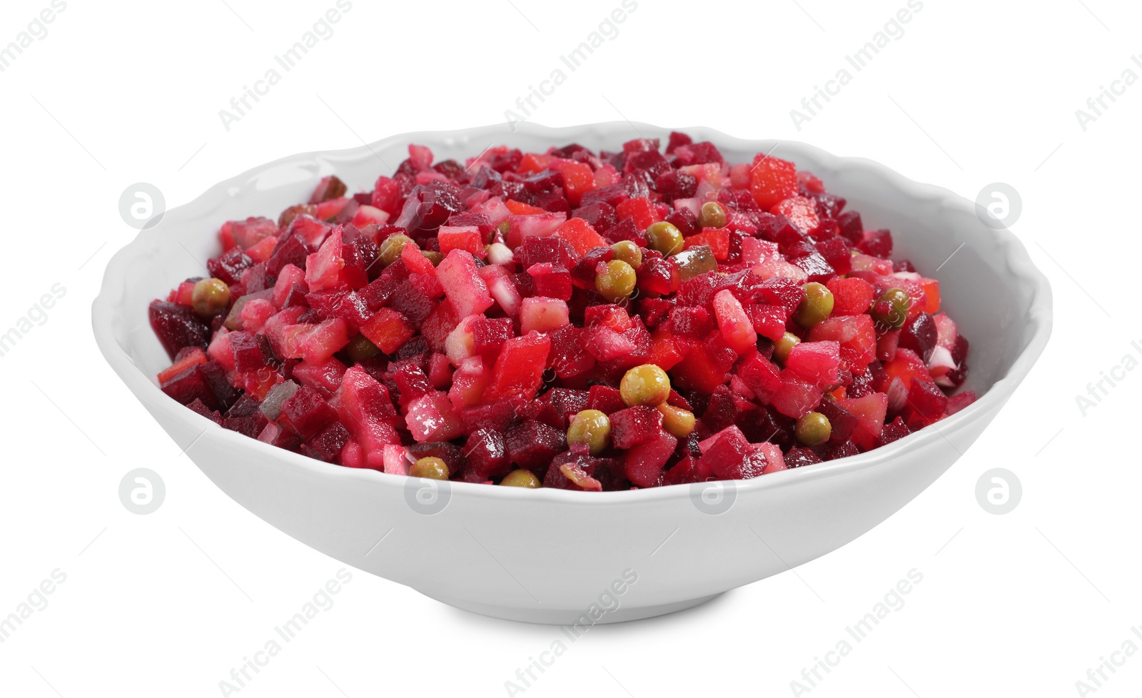 Photo of Bowl of delicious fresh vinaigrette salad isolated on white