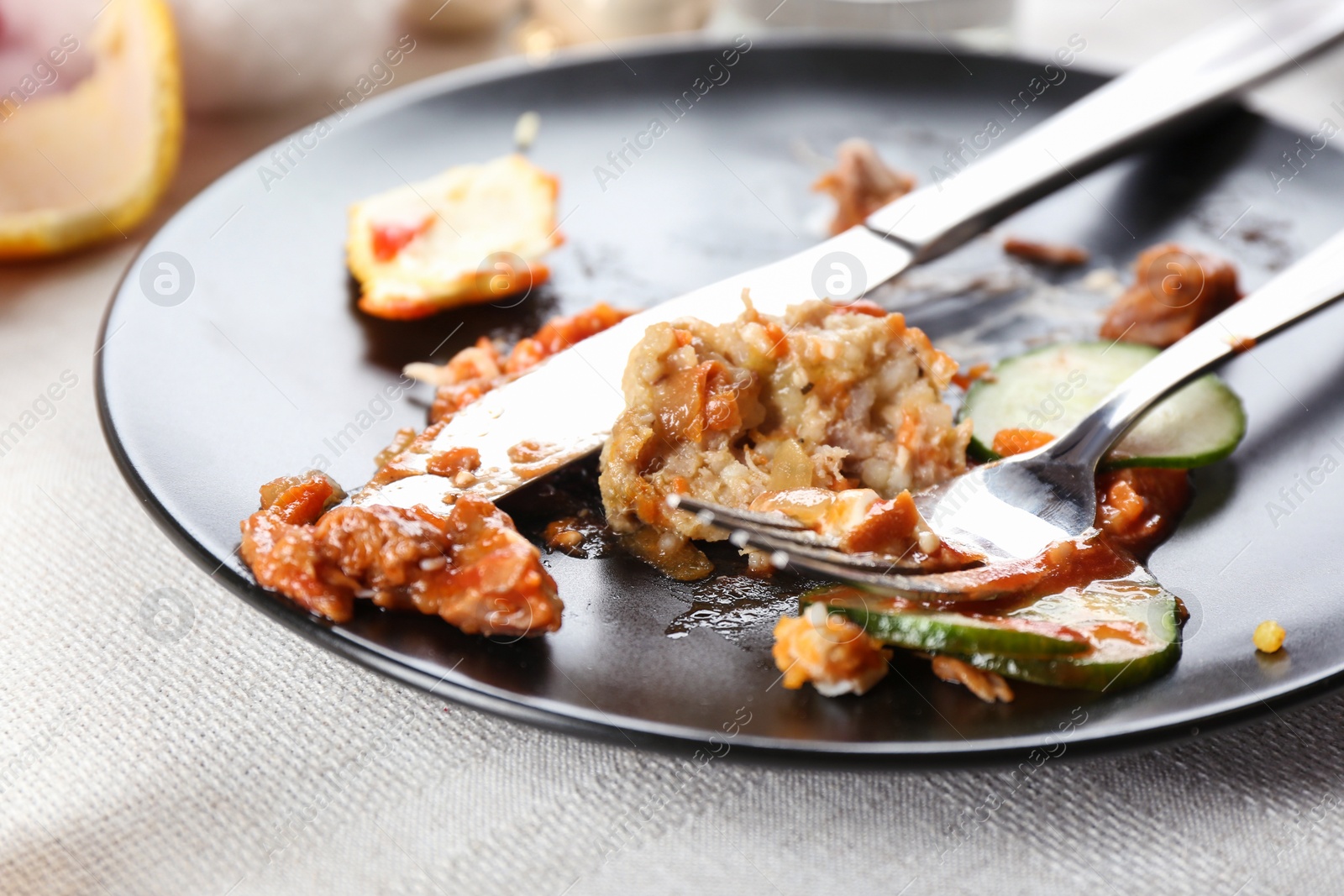 Photo of Food leftovers after party on table, closeup