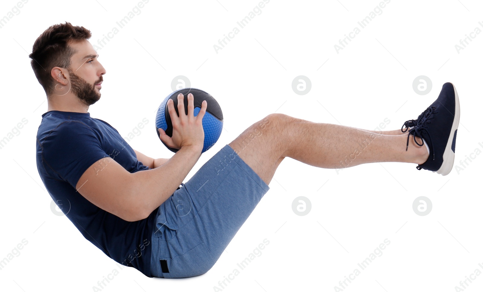 Photo of Athletic man doing exercise with medicine ball isolated on white