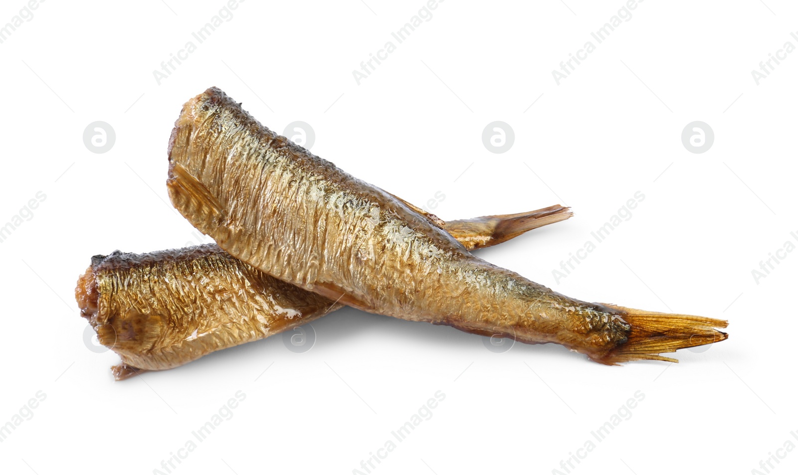 Photo of Two tasty smoked sprats isolated on white