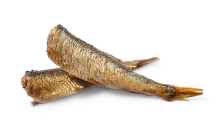 Photo of Two tasty smoked sprats isolated on white