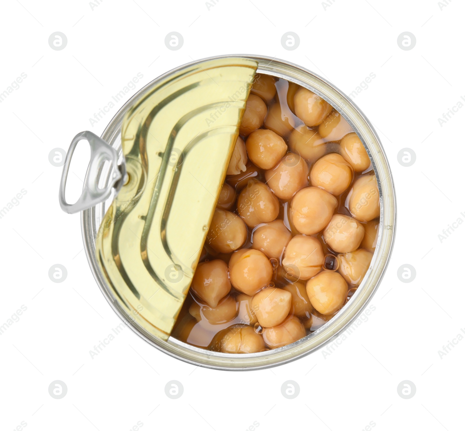 Photo of Open tin can of chickpeas isolated on white, top view