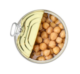 Photo of Open tin can of chickpeas isolated on white, top view