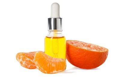 Aromatic tangerine essential oil in bottle and citrus fruit isolated on white