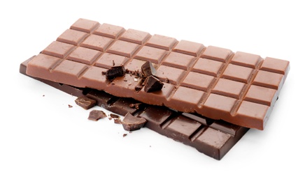 Different delicious chocolate bars on white background