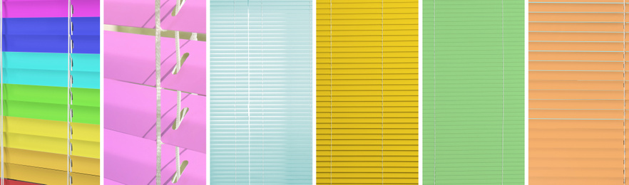 Collage with window blinds in different colors. Banner design