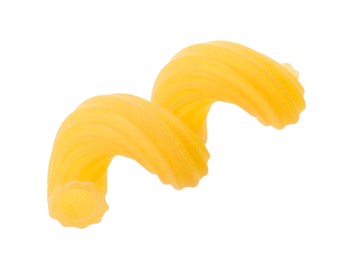 One piece of raw cavatappi pasta isolated on white