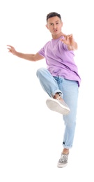Photo of Happy attractive man dancing on white background