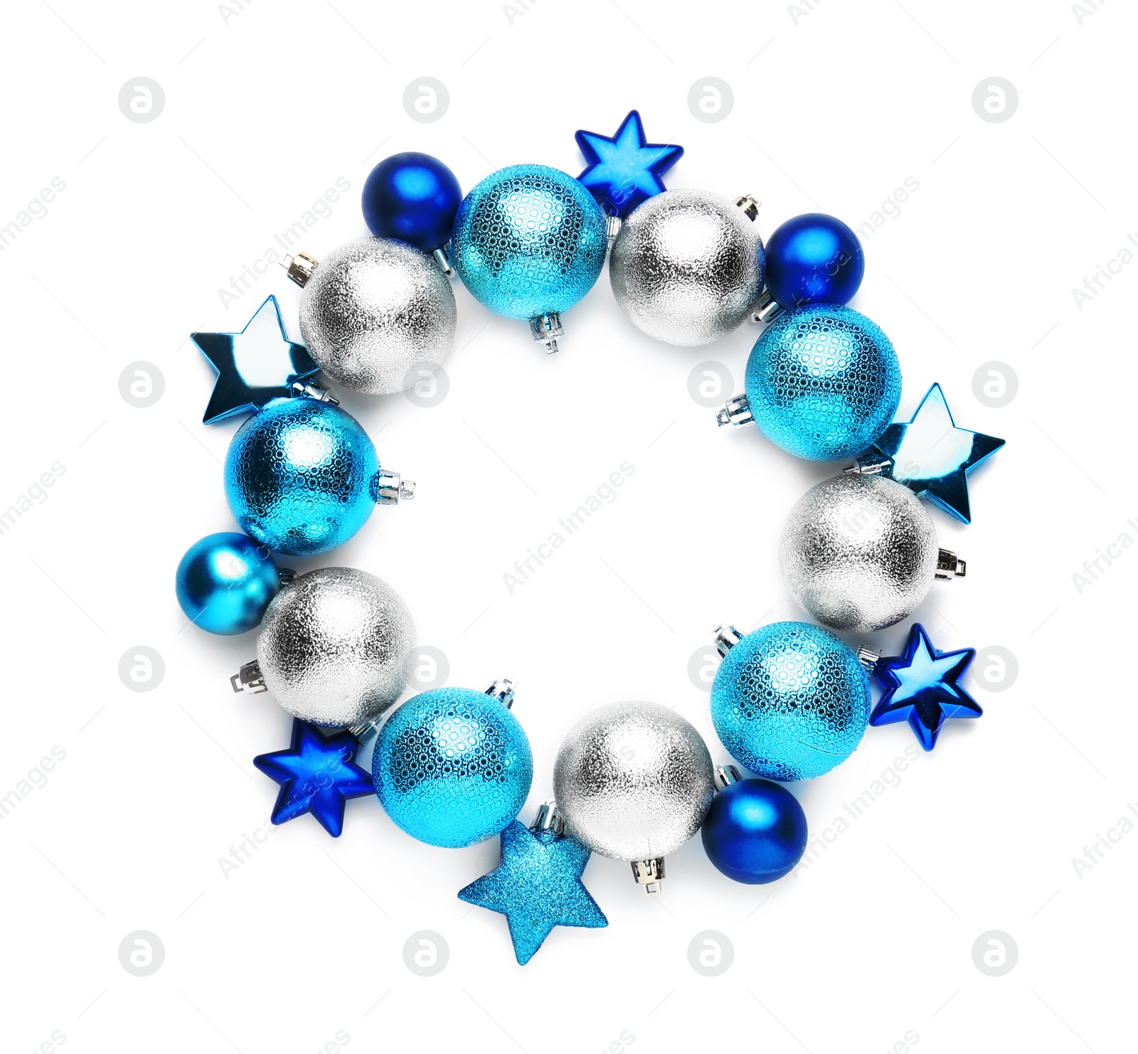 Photo of Beautiful Christmas wreath made of shiny blue and silver baubles on white background, top view