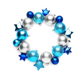 Photo of Beautiful Christmas wreath made of shiny blue and silver baubles on white background, top view