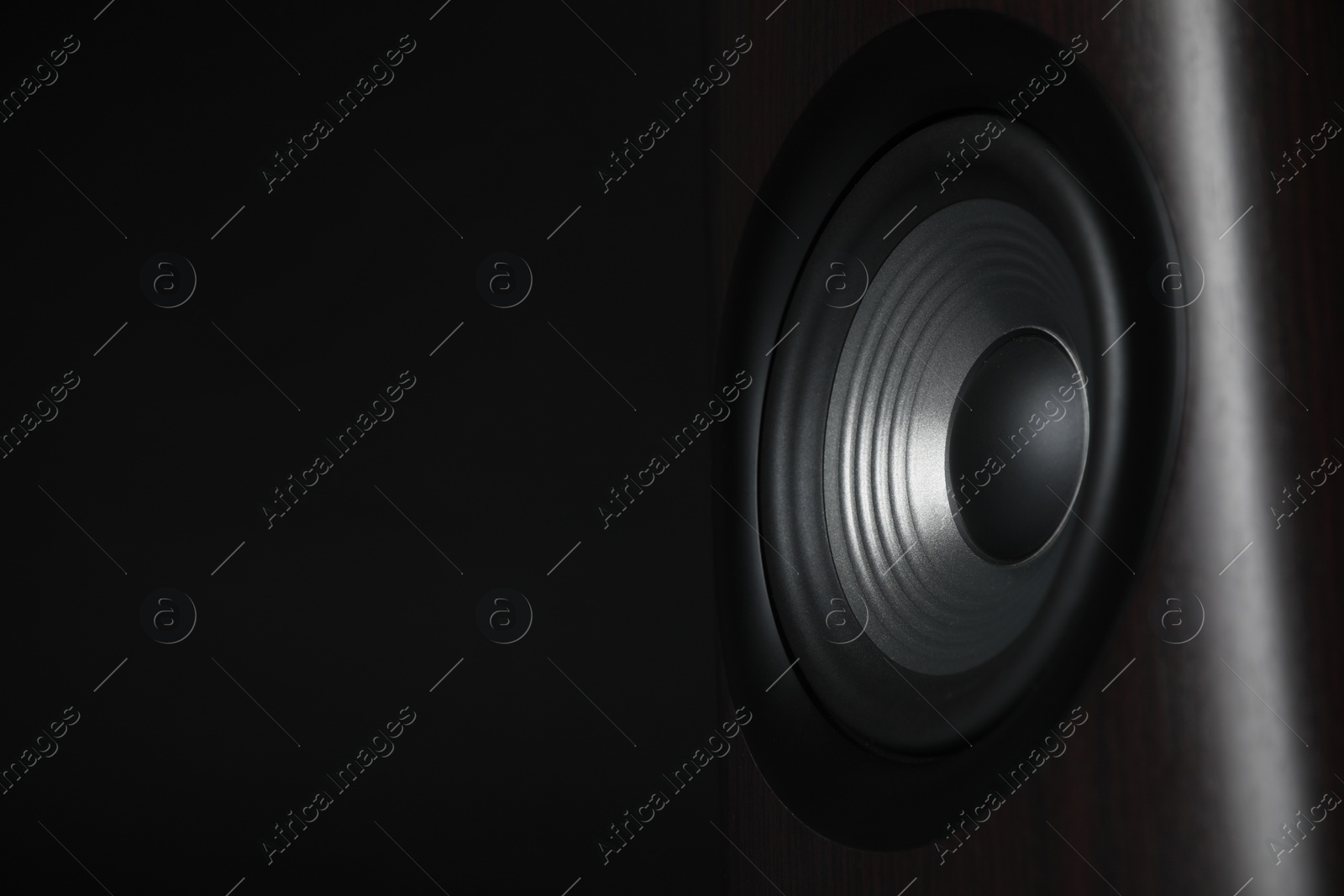 Photo of One sound speaker on black background, closeup. Space for text