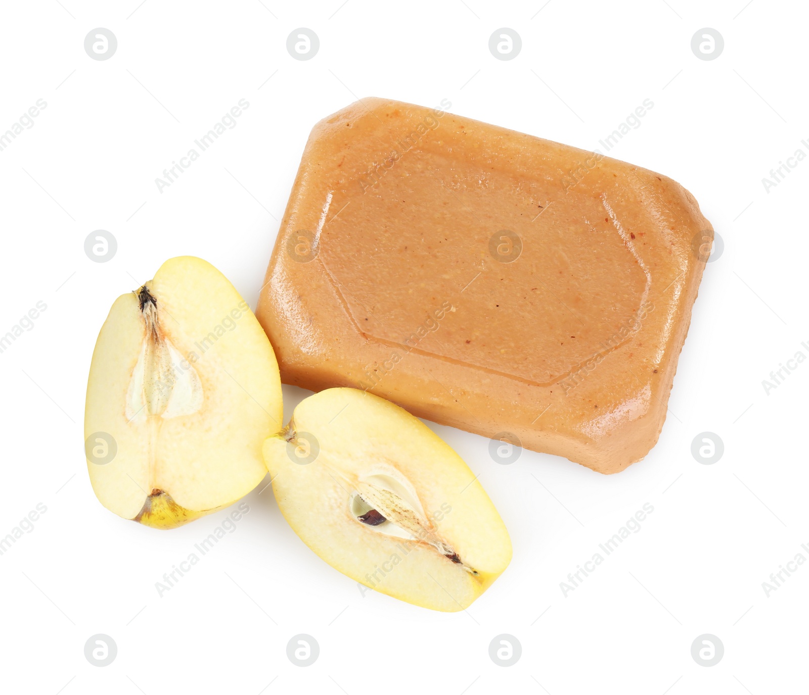 Photo of Delicious sweet quince paste and fresh cut fruit isolated on white, top view