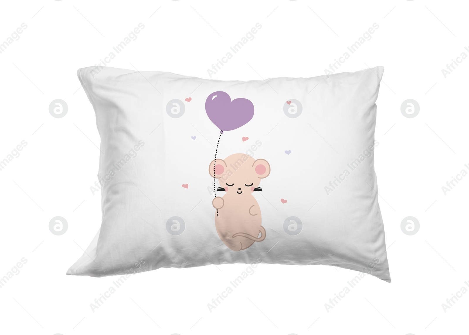 Image of Soft pillow with printed cute mouse and hearts isolated on white