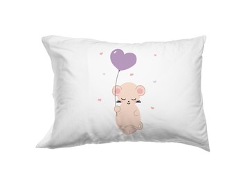 Image of Soft pillow with printed cute mouse and hearts isolated on white