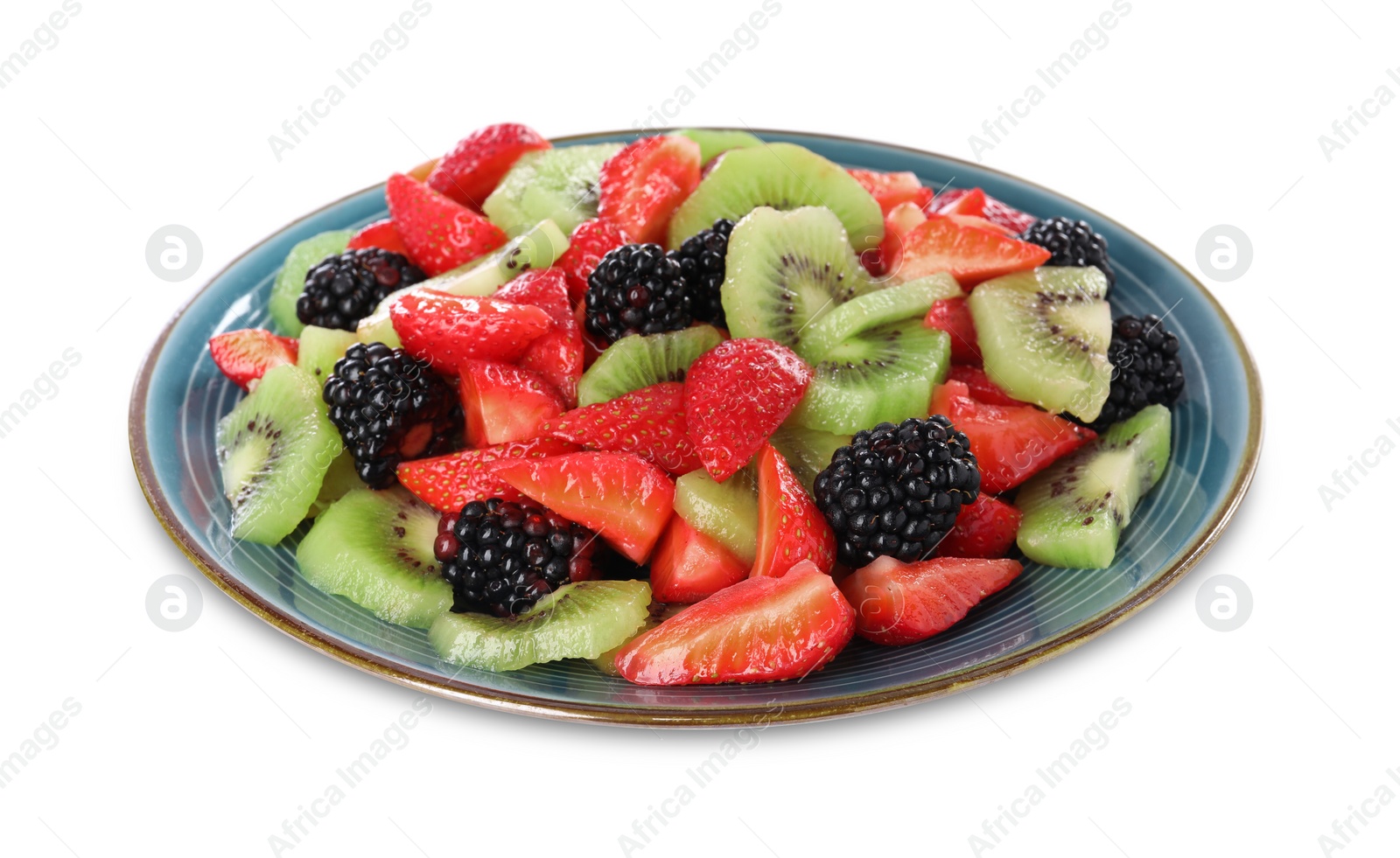 Photo of Plate with tasty fruit salad isolated on white