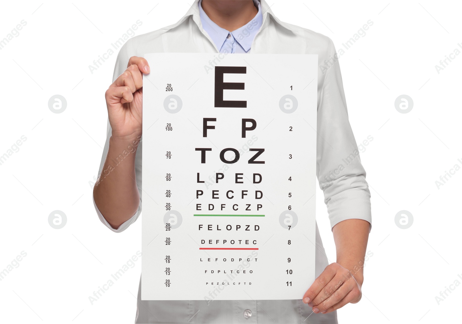 Photo of Ophthalmologist with vision test chart on white background, closeup