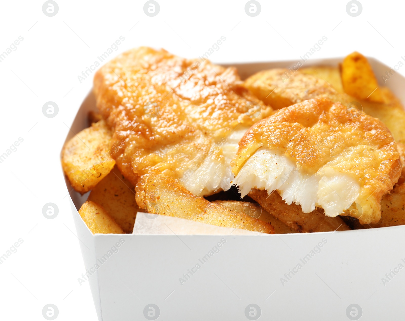 Photo of Disposable container with British Traditional Fish and potato chips on white background