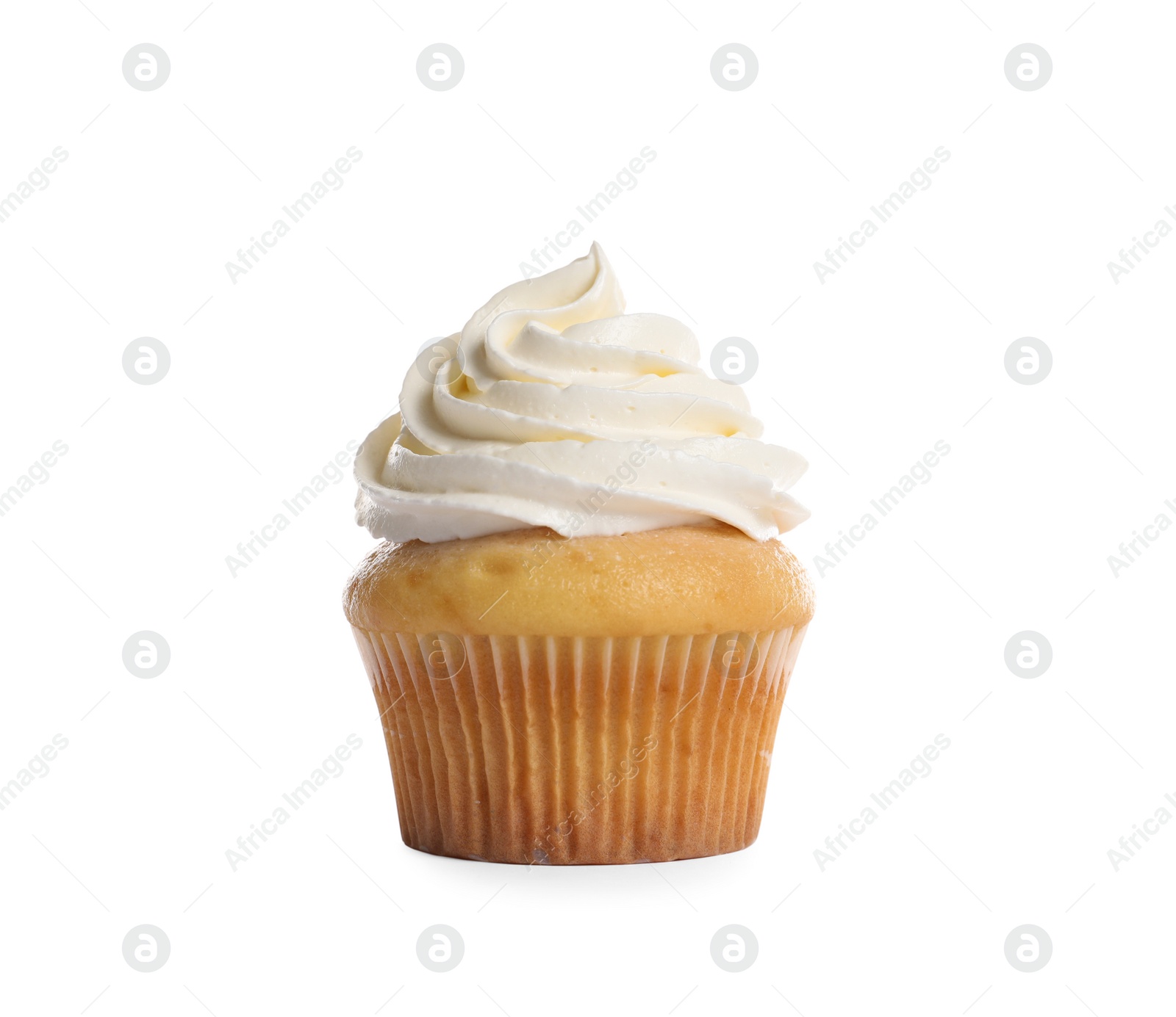 Photo of Delicious cupcake decorated with cream isolated on white