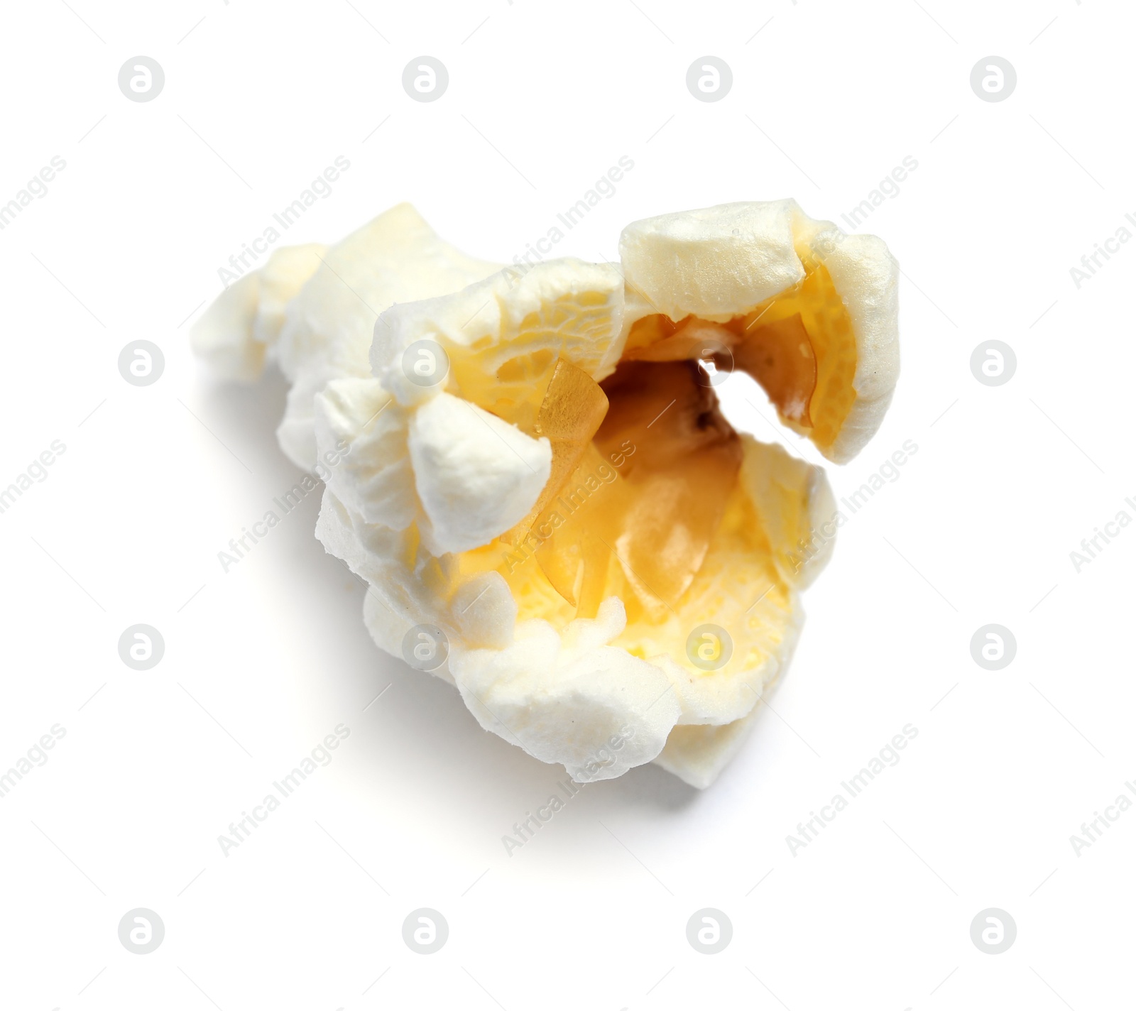 Photo of Delicious salty popcorn on white background