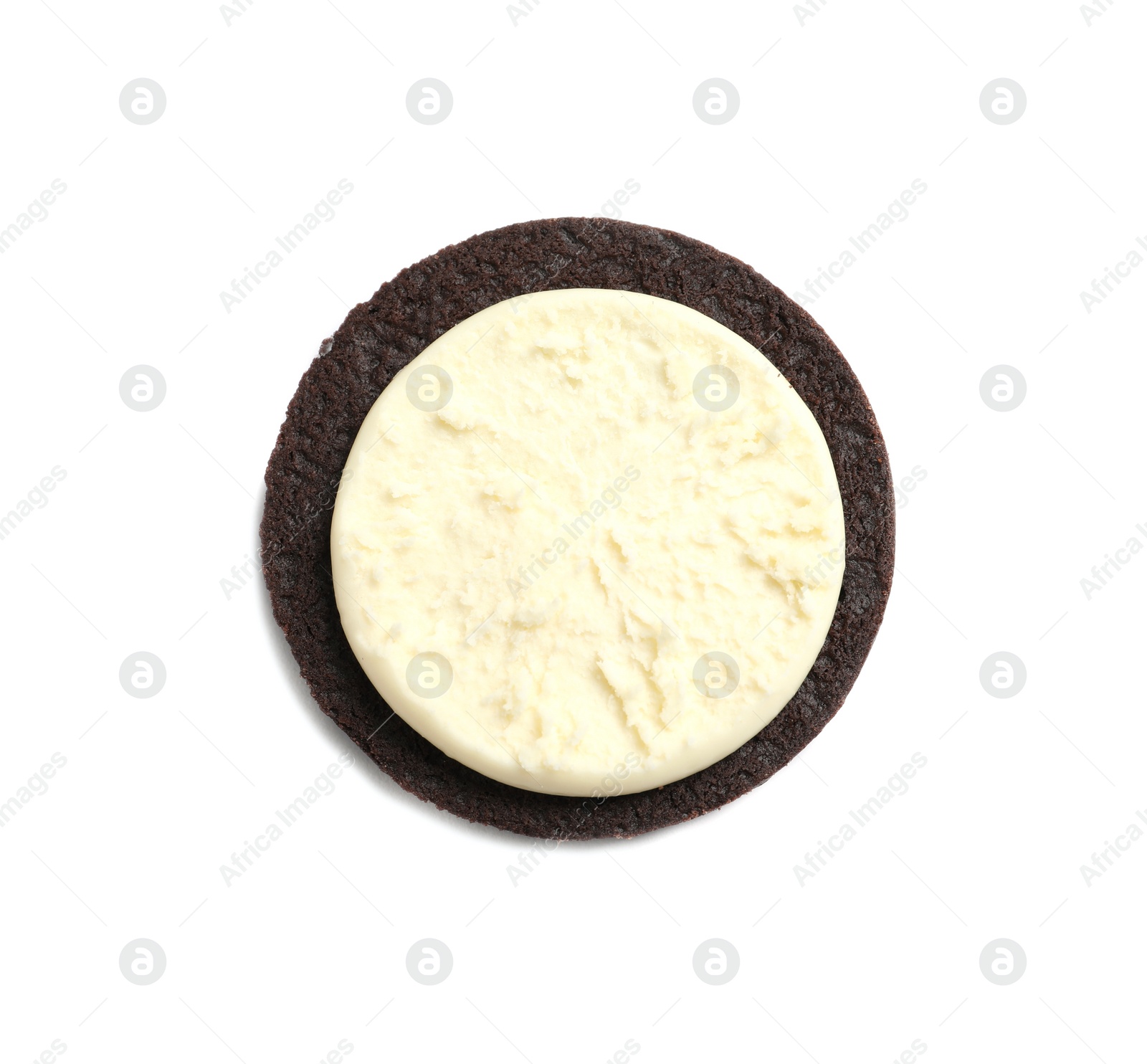 Photo of Tasty chocolate cookie with cream on white background, top view