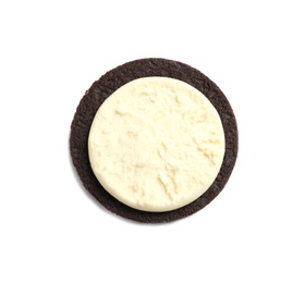 Photo of Tasty chocolate cookie with cream on white background, top view