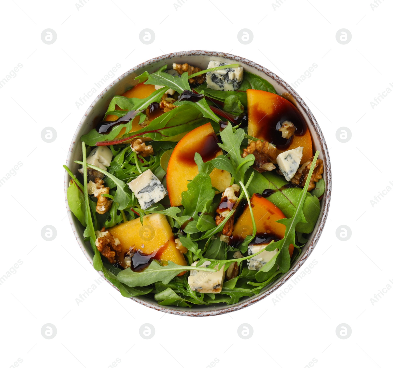 Photo of Tasty salad with persimmon, blue cheese and walnuts isolated on white