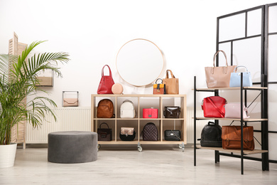 Photo of Collection of stylish woman's bags in modern store