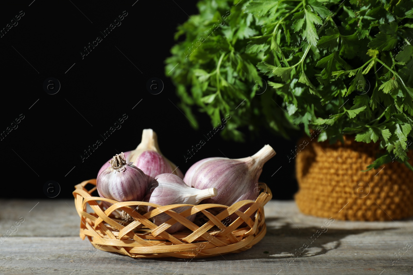 Photo of Fresh raw garlic in wicker basket and parsley on wooden table against black background, closeup