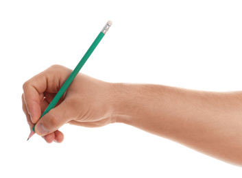 Photo of Man holding pencil on white background, closeup of hand