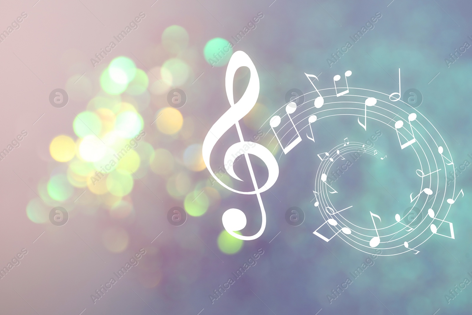 Image of Music notes on blurred background, bokeh effect