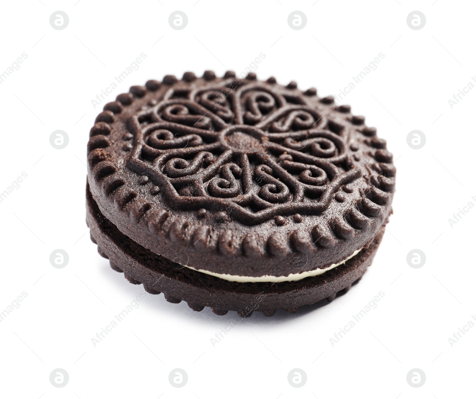 Photo of Tasty chocolate cookie with cream on white background