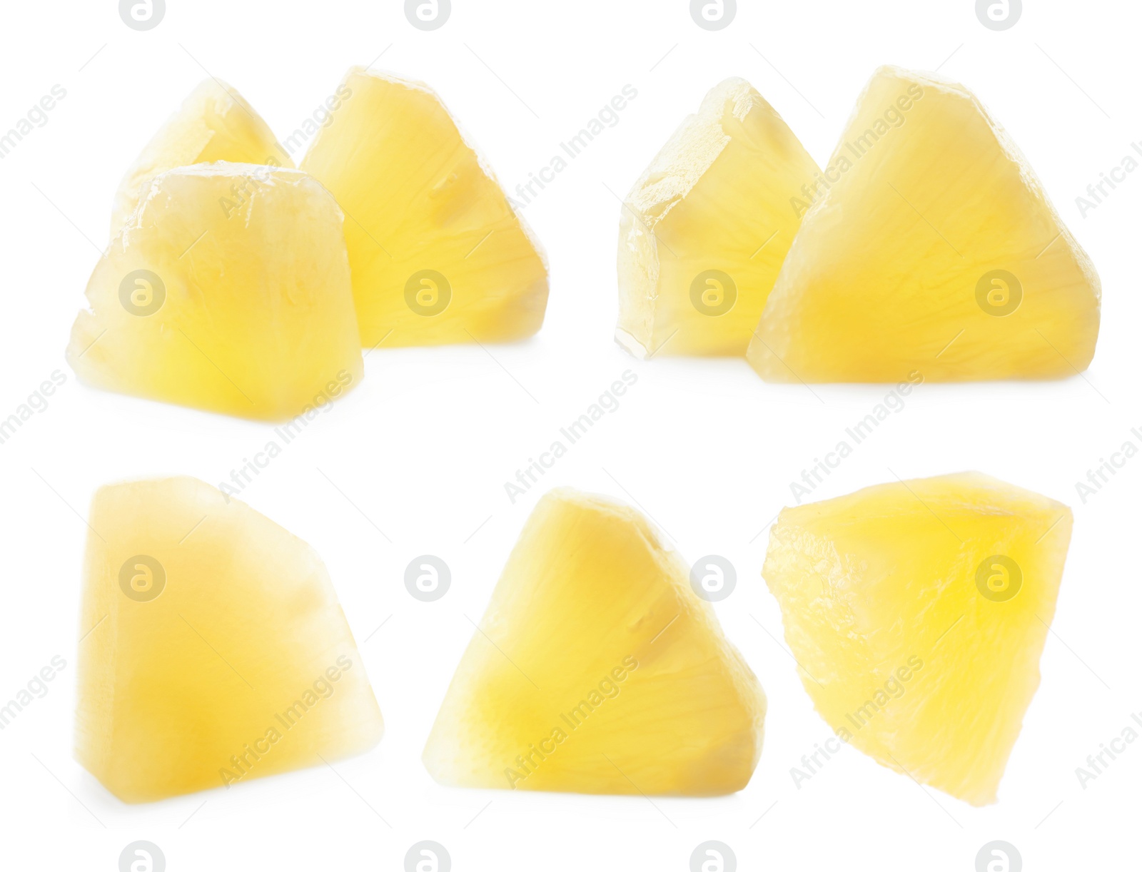 Image of Set of canned pineapple pieces on white background