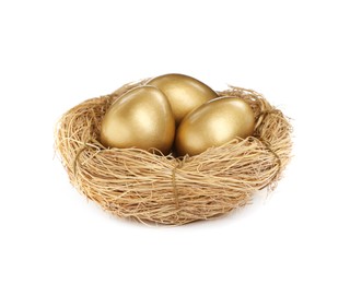 Shiny golden eggs in nest on white background