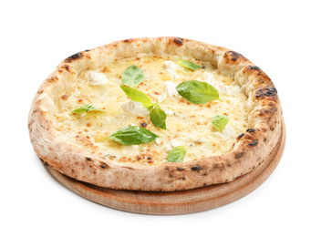 Photo of Delicious cheese pizza with basil isolated on white