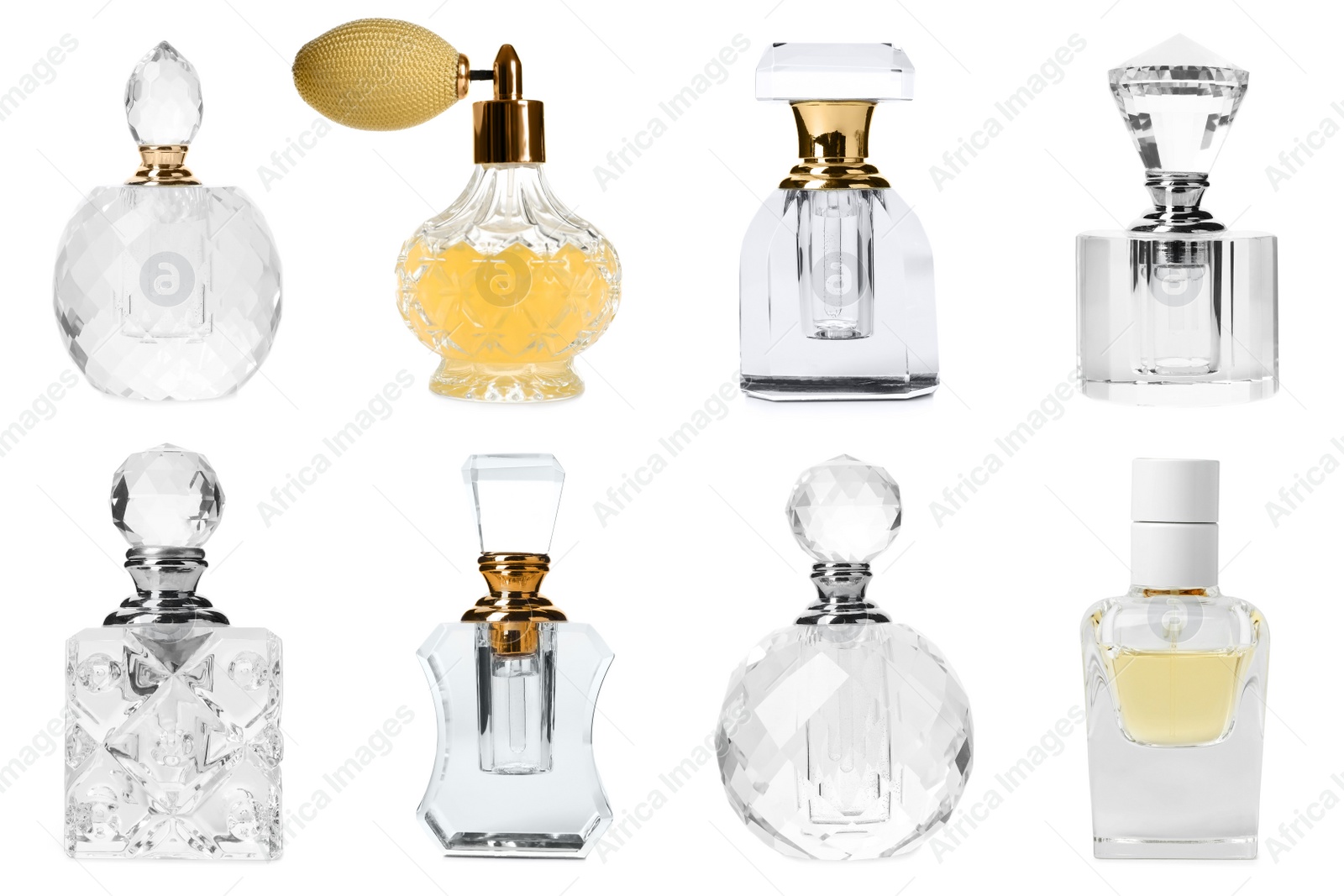 Image of Set with different bottles of perfume on white background