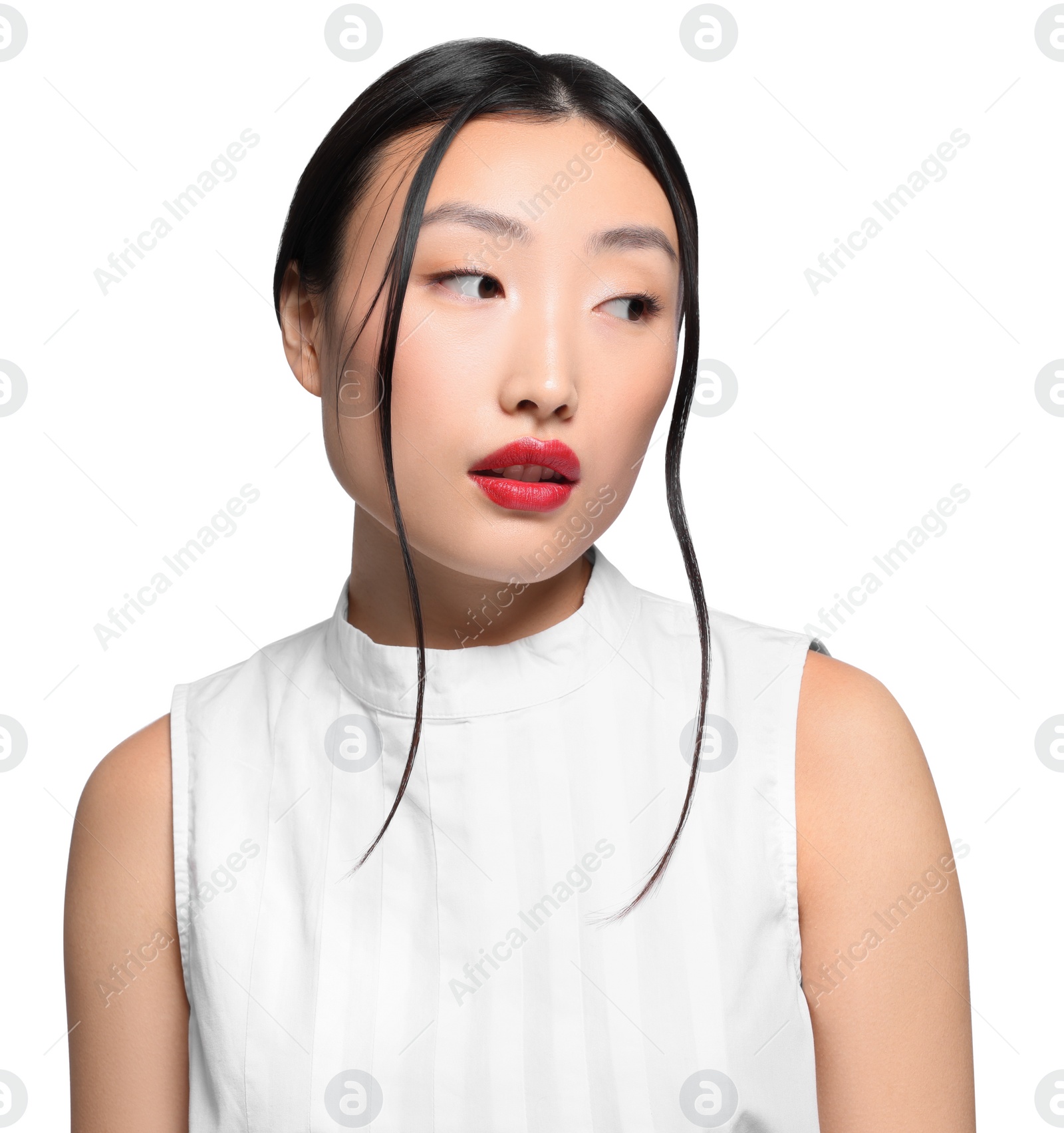 Photo of Portrait of beautiful young Asian woman on white background, space for text