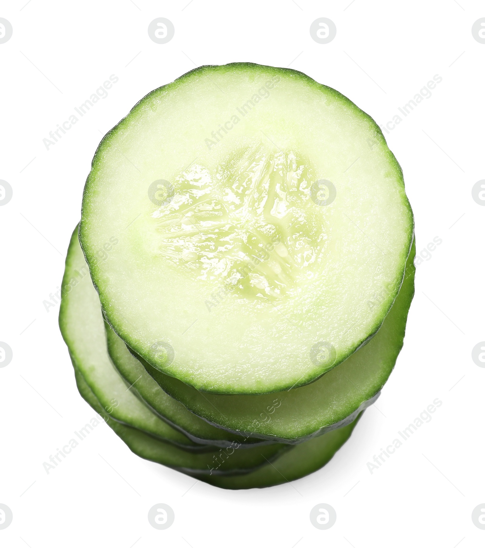 Photo of Stack of fresh cut cucumber isolated on white, top view