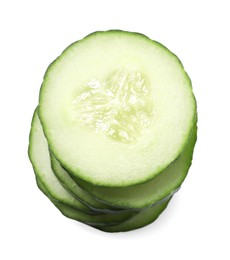 Photo of Stack of fresh cut cucumber isolated on white, top view
